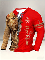 Men's Vintage-Inspired Casual Long Sleeve Henley Shirt with Lion & "THE KING" Graphics, Breathable Polyester, Machine Washable - Black & Golden, Fall/Winter Wear