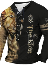 Men's Vintage-Inspired Casual Long Sleeve Henley Shirt with Lion & "THE KING" Graphics, Breathable Polyester, Machine Washable - Black & Golden, Fall/Winter Wear