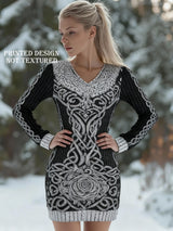 Women's Viking Tribe print V-neck Viking Dress - Cinched Waist Bodice &, Machine Washable Historical Costume for Themed Parties, Viking Weddings, Renaissance Fairs - All-Season Elegant Norse Attire