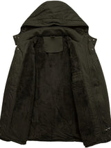 Men'S Thickened Warm Mid-Length Heavyweight Jacket with Detachable Hood - Multiple Zippered Pockets, Casual Outdoor Workwear, Polyester Lined, Button-Up Front, Regular Fit for Cold Weather, Winter Outerwear | Functional Desig