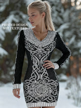 Women's Viking Tribe print V-neck Viking Dress - Cinched Waist Bodice &, Machine Washable Historical Costume for Themed Parties, Viking Weddings, Renaissance Fairs - All-Season Elegant Norse Attire