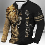Men's Vintage-Inspired Casual Long Sleeve Henley Shirt with Lion & "THE KING" Graphics, Breathable Polyester, Machine Washable - Black & Golden, Fall/Winter Wear