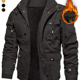 Men'S Thickened Warm Mid-Length Heavyweight Jacket with Detachable Hood - Multiple Zippered Pockets, Casual Outdoor Workwear, Polyester Lined, Button-Up Front, Regular Fit for Cold Weather, Winter Outerwear | Functional Desig