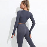 High Waist Elastic Seamless Yoga Wear Women Fitness Clothes Gym Clothing Workout Set Long Sleeve Crop Top Leggings Sports Suit - Mein Shop