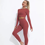 High Waist Elastic Seamless Yoga Wear Women Fitness Clothes Gym Clothing Workout Set Long Sleeve Crop Top Leggings Sports Suit - Mein Shop