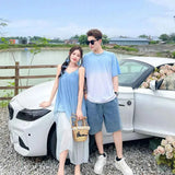 Family Fashion Beach Mother Father and Girl Boy Blue Clothes Vacation Look Mom Daughter Holiday Dress Korean Dad Son T Shirts