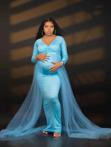 Schwangerenkleider Fotoshooting mit langen Ärmeln und V-Ausschnitt, elegante Mesh-Robe mit Bodenschleppe für Schwangerschaftsfotos und Babypartys