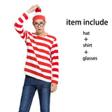 Waldo Book Week Fancy Dress Where's Wally Family Matching Parent-Child Costume Red White Stripe Shirt +Hat +Glasses Girls Boys - Mein Shop