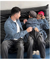 Family Cotton Denim Shirts Parent-child Fashion Clothes Mother and Daughter Jacket Korean Father and Son Same Stripe Coat Tops - Mein Shop