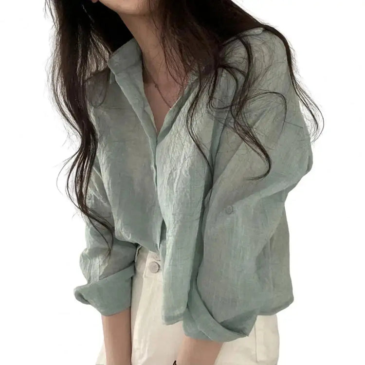 Women Shirt Turn Down Collar Cardigan Shirt Women Solid Color Sun Shirt - Mein Shop
