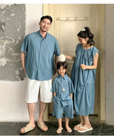 Family Matching Clothes for Brother Sister Mom Daughter Blue Dress Dad Son Clothing Korean Children Two Piece Set Couples Outfit Mein Shop