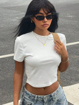 Women short Sleeve T Shirt summer Solid Slim Fit Casual Shirts Female Pullovers Basic Tee Clothes Street wear Crop Tops - Mein Shop