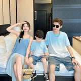 Family Fashion Beach Mother Father and Girl Boy Blue Clothes Vacation Look Mom Daughter Holiday Dress Korean Dad Son T Shirts
