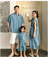 Family Matching Clothes for Brother Sister Mom Daughter Blue Dress Dad Son Clothing Korean Children Two Piece Set Couples Outfit Mein Shop