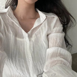 Women Shirt Turn Down Collar Cardigan Shirt Women Solid Color Sun Shirt - Mein Shop