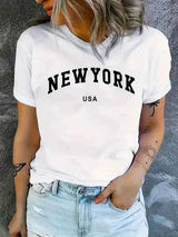 Women T Shirt Cartoon NEW YORK Letter Print Crew Neck Loose Top Tee Black T-shirt Female 90s Girls Graphic