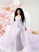 Schwangerenkleider Fotoshooting mit langen Ärmeln und V-Ausschnitt, elegante Mesh-Robe mit Bodenschleppe für Schwangerschaftsfotos und Babypartys