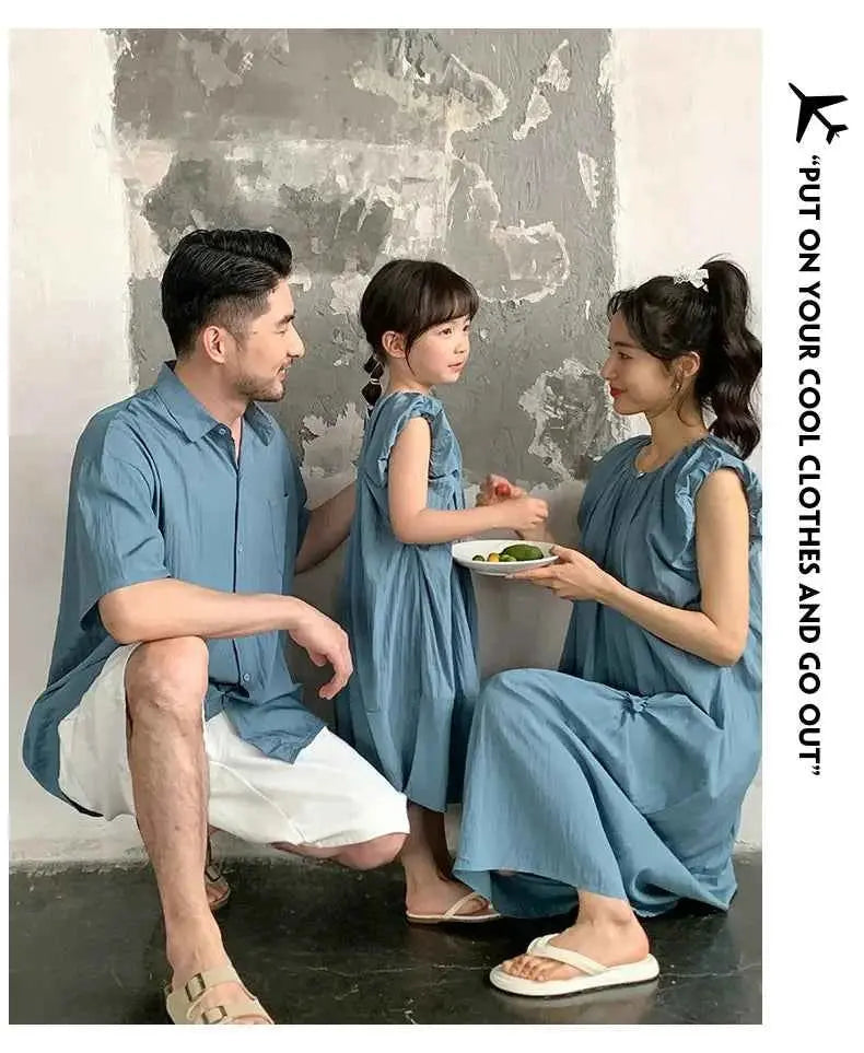 Family Matching Clothes for Brother Sister Mom Daughter Blue Dress Dad Son Clothing Korean Children Two Piece Set Couples Outfit
