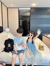 Family Fashion Beach Mother Father and Girl Boy Blue Clothes Vacation Look Mom Daughter Holiday Dress Korean Dad Son T Shirts