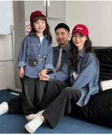 Family Cotton Denim Shirts Parent-child Fashion Clothes Mother and Daughter Jacket Korean Father and Son Same Stripe Coat Tops - Mein Shop