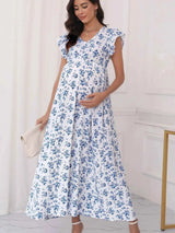 Pregnancy Woman Dress Summer Printed Korean Version Loose Pregnant Blue Dress Beach Holiday Dress For Pregnant Photo Shoot