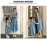 Family Matching Clothes for Brother Sister Mom Daughter Blue Dress Dad Son Clothing Korean Children Two Piece Set Couples Outfit