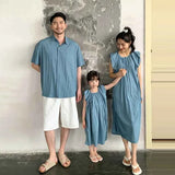 Family Matching Clothes for Brother Sister Mom Daughter Blue Dress Dad Son Clothing Korean Children Two Piece Set Couples Outfit