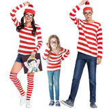 Waldo Book Week Fancy Dress Where's Wally Family Matching Parent-Child Costume Red White Stripe Shirt +Hat +Glasses Girls Boys - Mein Shop