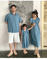 Family Matching Clothes for Brother Sister Mom Daughter Blue Dress Dad Son Clothing Korean Children Two Piece Set Couples Outfit Mein Shop