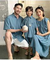 Family Matching Clothes for Brother Sister Mom Daughter Blue Dress Dad Son Clothing Korean Children Two Piece Set Couples Outfit