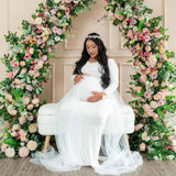 Schwangerenkleider Fotoshooting mit langen Ärmeln und V-Ausschnitt, elegante Mesh-Robe mit Bodenschleppe für Schwangerschaftsfotos und Babypartys