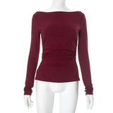 Wine Red T-shirts for Women 2025 Autumn Long Sleeve Split Slim Fit Tee Shirt Female Clothing Y2K Tunics Crop Tops Streetwear - Mein Shop