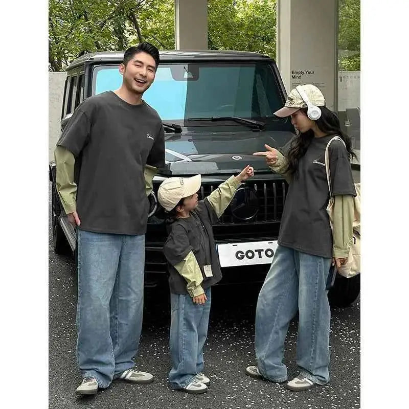 Fashion Family Long Sleeve T-shirt Parent-child Tee Korean Father Mother and Son Daughter Same Clothes Dad Mom and Baby Clothing