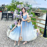 Family Fashion Beach Mother Father and Girl Boy Blue Clothes Vacation Look Mom Daughter Holiday Dress Korean Dad Son T Shirts