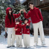 Funny Family Red Hoodies Ear Winter Warm Parent-child Clothes Dad Mom Daughter Son Matching Thick Hooded Sweatshirts Pants Sets - Mein Shop