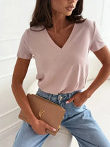 Women's Blouses T-shirt New Fashion Summer Pullover Tops White Short Sleeve Slim Fit V-Neck T-Shirt For Women Casual Clothing - Mein Shop