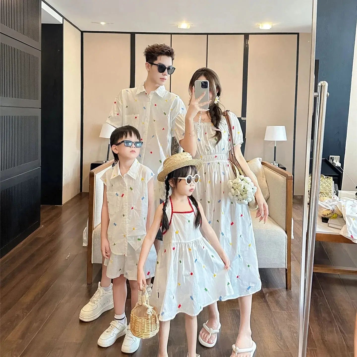 Fashion Family Matching Couple Clothes Mother and Daughter White Dress Dad and Son Baby Clothing Korean Boys Two Piece Outfits - Mein Shop