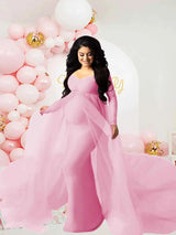 Schwangerenkleider Fotoshooting mit langen Ärmeln und V-Ausschnitt, elegante Mesh-Robe mit Bodenschleppe für Schwangerschaftsfotos und Babypartys