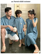 Family Matching Clothes for Brother Sister Mom Daughter Blue Dress Dad Son Clothing Korean Children Two Piece Set Couples Outfit