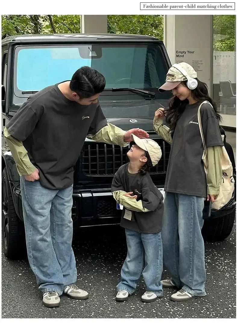 Fashion Family Long Sleeve T-shirt Parent-child Tee Korean Father Mother and Son Daughter Same Clothes Dad Mom and Baby Clothing