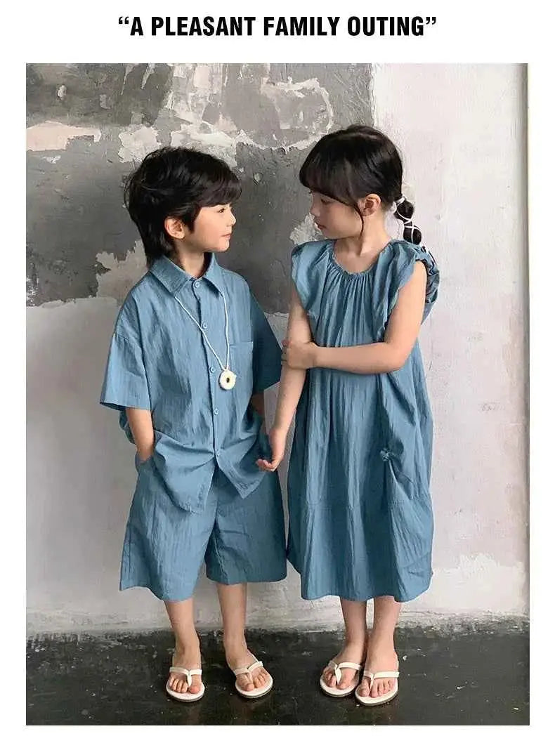 Family Matching Clothes for Brother Sister Mom Daughter Blue Dress Dad Son Clothing Korean Children Two Piece Set Couples Outfit
