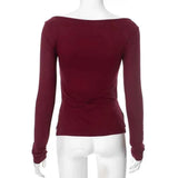 Wine Red T-shirts for Women 2025 Autumn Long Sleeve Split Slim Fit Tee Shirt Female Clothing Y2K Tunics Crop Tops Streetwear
