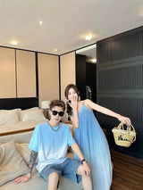 Family Fashion Beach Mother Father and Girl Boy Blue Clothes Vacation Look Mom Daughter Holiday Dress Korean Dad Son T Shirts