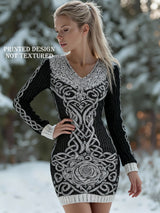 Women's Viking Tribe print V-neck Viking Dress - Cinched Waist Bodice &, Machine Washable Historical Costume for Themed Parties, Viking Weddings, Renaissance Fairs - All-Season Elegant Norse Attire