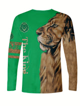 Men's Vintage-Inspired Casual Long Sleeve Henley Shirt with Lion & "THE KING" Graphics, Breathable Polyester, Machine Washable - Black & Golden, Fall/Winter Wear