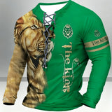 Men's Vintage-Inspired Casual Long Sleeve Henley Shirt with Lion & "THE KING" Graphics, Breathable Polyester, Machine Washable - Black & Golden, Fall/Winter Wear