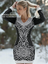 Women's Viking Tribe print V-neck Viking Dress - Cinched Waist Bodice &, Machine Washable Historical Costume for Themed Parties, Viking Weddings, Renaissance Fairs - All-Season Elegant Norse Attire