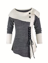 Women's Elegant Long Sleeve Top - Contrast Color Block Design with Asymmetrical Hem, Stretchy Mid-Weight Fabric & Machine Washable, All-Season Versatile Casual to Dressy Wear