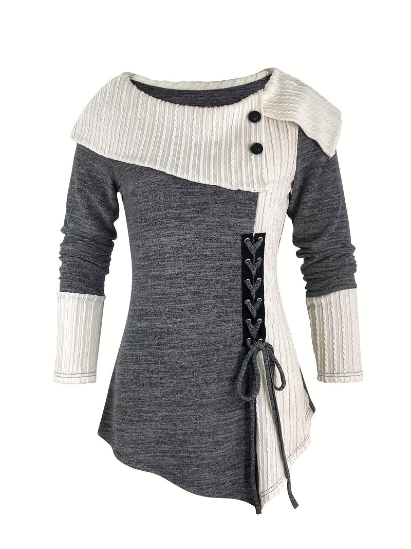 Women's Elegant Long Sleeve Top - Contrast Color Block Design with Asymmetrical Hem, Stretchy Mid-Weight Fabric & Machine Washable, All-Season Versatile Casual to Dressy Wear