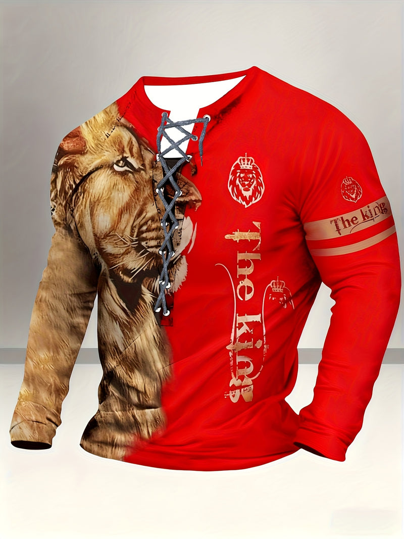 Men's Vintage-Inspired Casual Long Sleeve Henley Shirt with Lion & "THE KING" Graphics, Breathable Polyester, Machine Washable - Black & Golden, Fall/Winter Wear